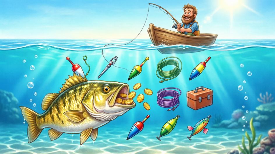 Золотой окунь с монетами и мешками денег — иллюстрация к версии Big Bass Bonanza с денежными символами
