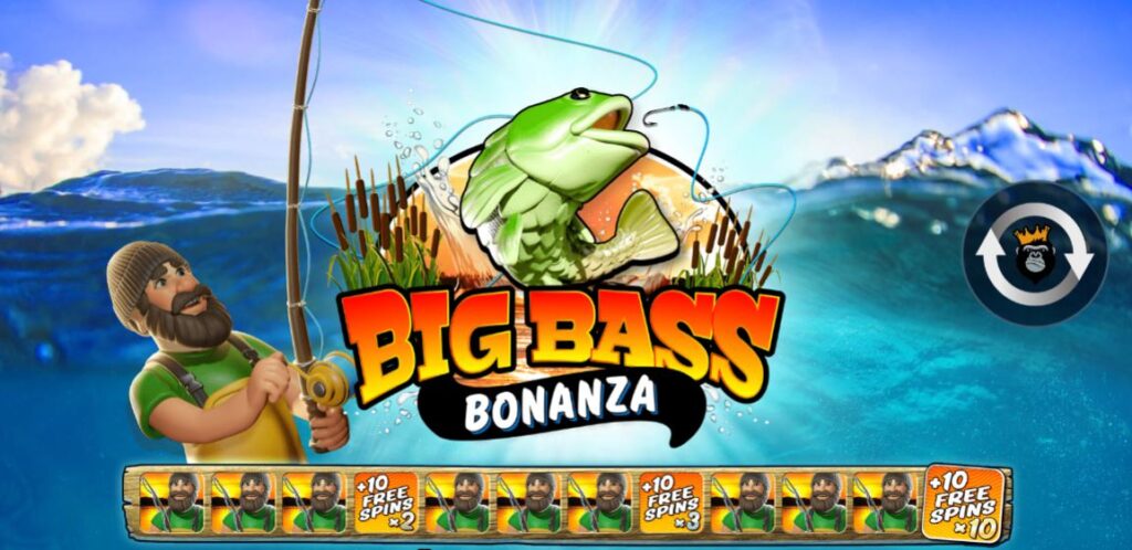 Главный герой слота Big Bass Bonanza, рыбак с бородой и в шапке, который поймал на удочку большую рыбу.