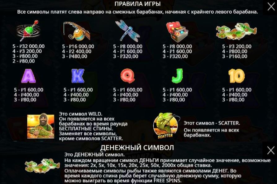 Символы и выплаты по данным символам в слоте Big Bass Bonanza в рублях